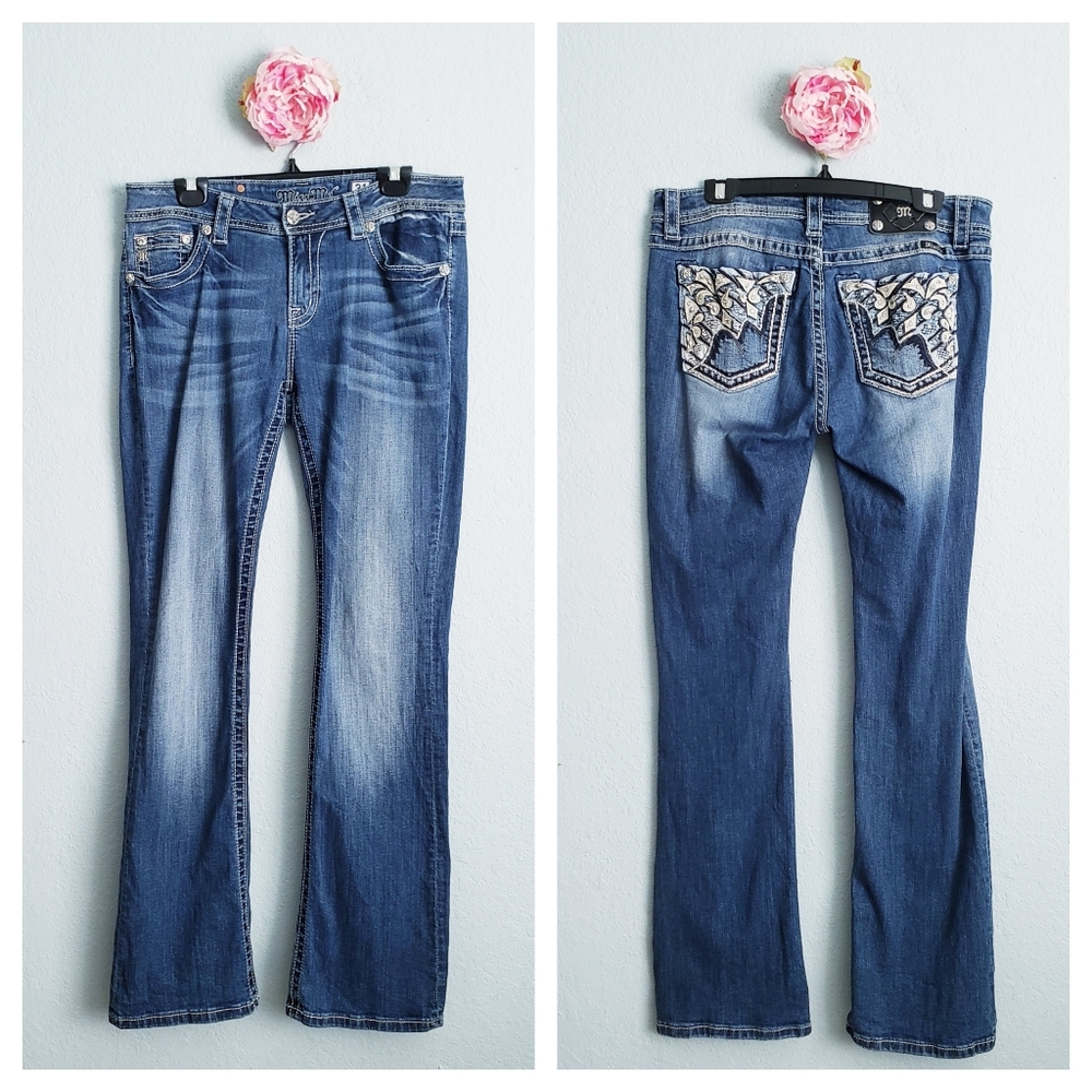 Miss Me Dark Wash Relaxed Boot Rhinestone Jeans
